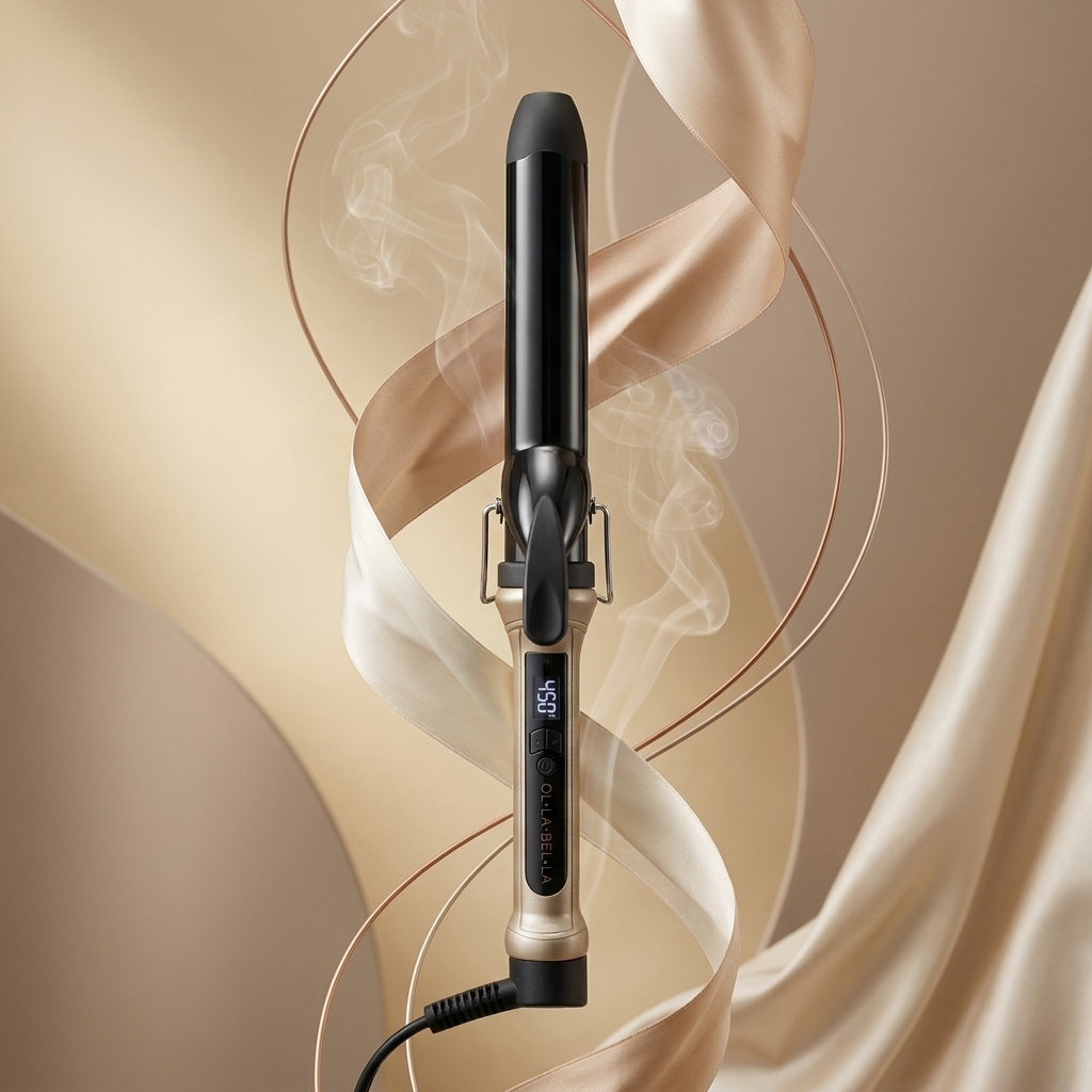 The Olla Bella 1.25" Ceramic Digital Curling Iron shown with smoke on a background of beige and gold ribbons.