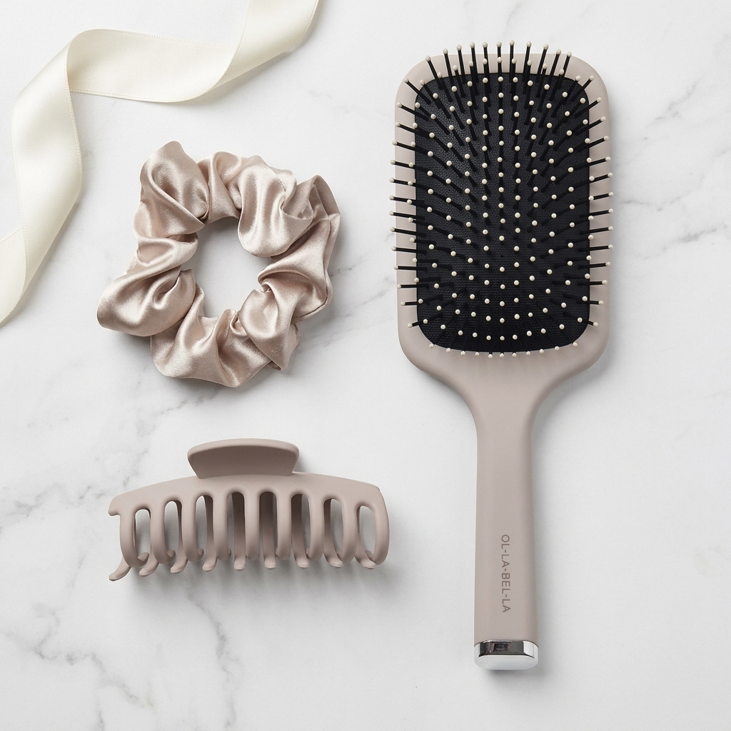 The Olla Bella Everyday Glam Hair Accessory Kit on a white marble background, featuring a paddle brush, a matching claw hair clip, and a satin scrunchie with a cream ribbon.