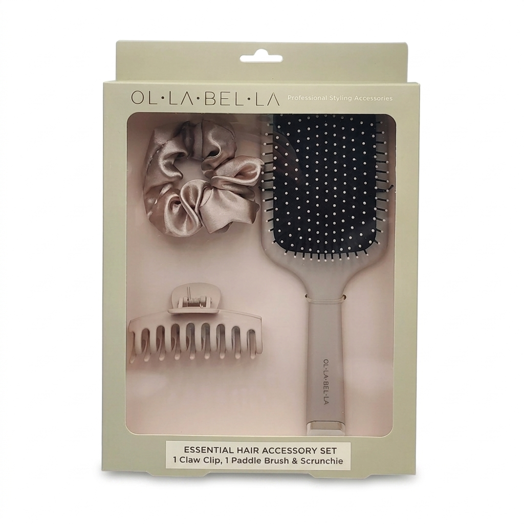 Olla Bella Everyday Glam Hair Accessory Kit in its original packaging, containing a paddle brush, satin scrunchie, and claw clip.