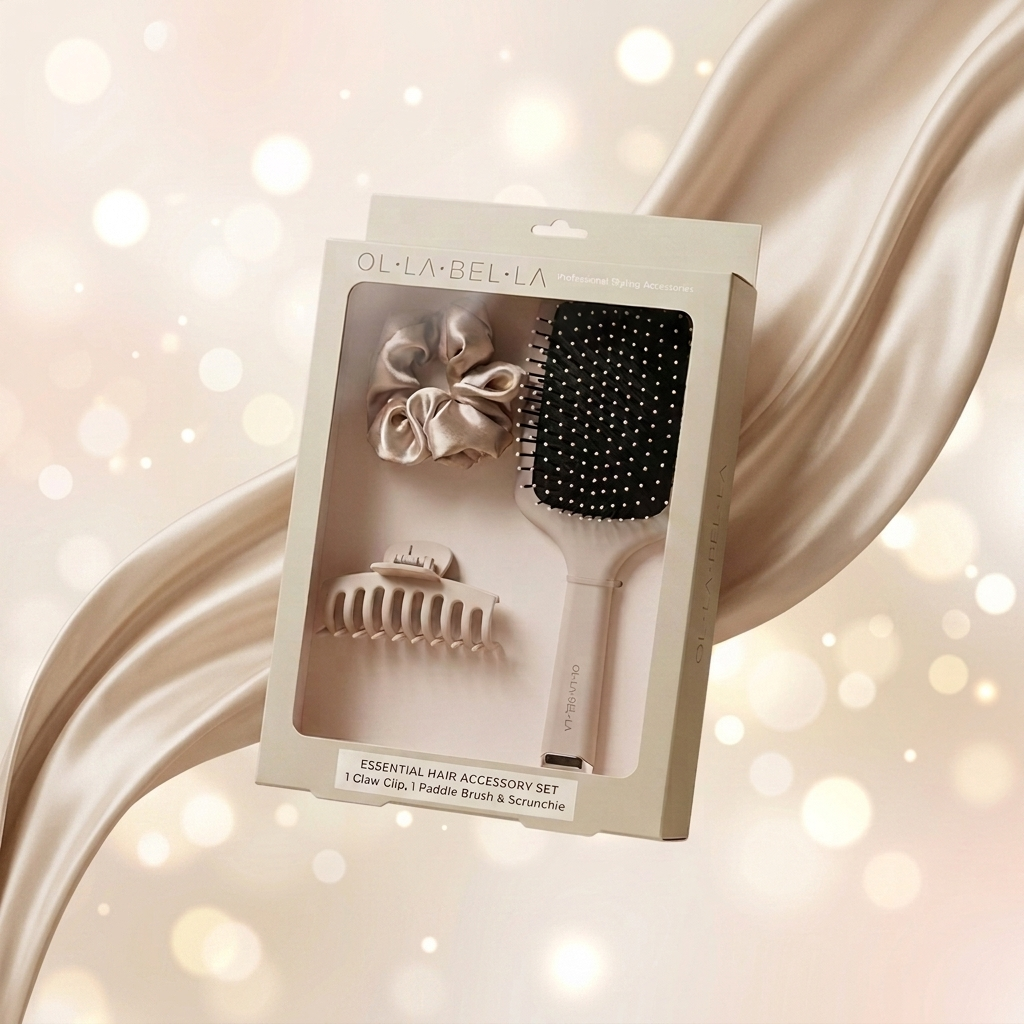 Olla Bella Everyday Glam Hair Accessory Kit in its original packaging containing a paddle hairbrush, a satin scrunchie, and a claw clip, set against a warm beige background with flowing satin-like drapery and soft bokeh lights.