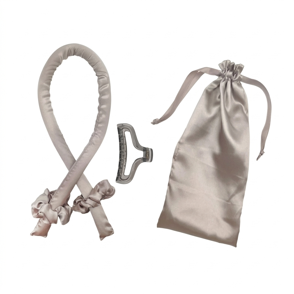 The Olla Bella Heatless Curling Headband + Satin Bag kit which includes our Satin Heatless Curling Headband, two satin scrunchies, a claw clip, and a satin drawstring bag all displayed on a solid white background.