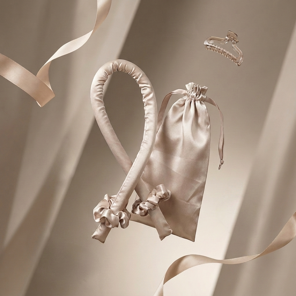 The Olla Bella Heatless Curling Headband and Satin Bag kit displayed on a background of flowing satin and ribbons.