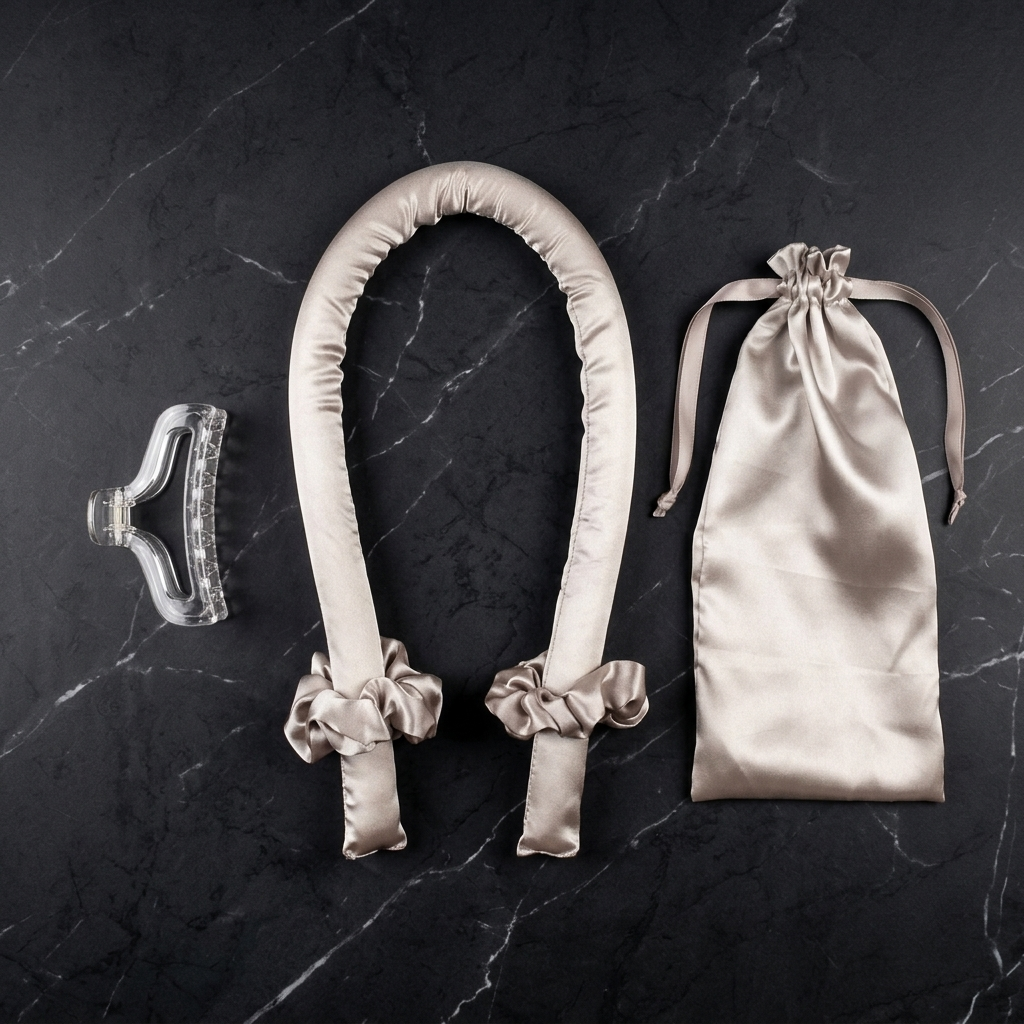 The Olla Bella Heatless Curling Headband + Satin Bag kit which includes our Satin Heatless Curling Headband, two satin scrunchies, a claw clip, and a satin drawstring bag all displayed on a dark marble background.