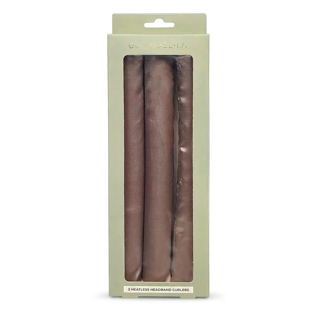 A package of three Olla Bella Jumbo Heatless Curler Rods in a light sage green box with a clear window.