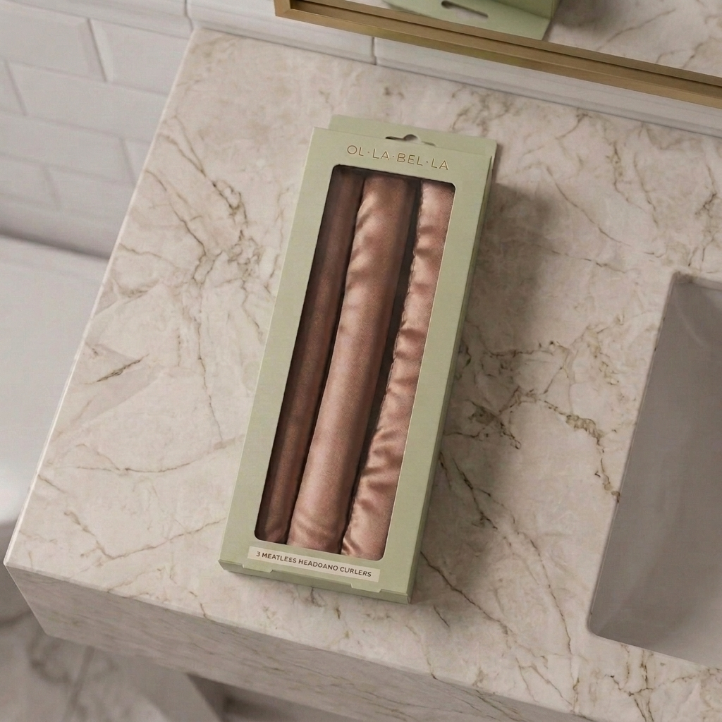 The Olla Bella Jumbo Heatless Curler Rods box displayed on a marble countertop in a modern bathroom.