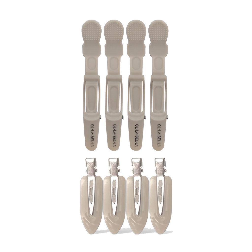 The Olla Bella Mane Master Hair Clip Set. Four Olla Bella Crocodile Clips and four Olla Bella Creaseless Clips, arranged in two rows of two on a white background.