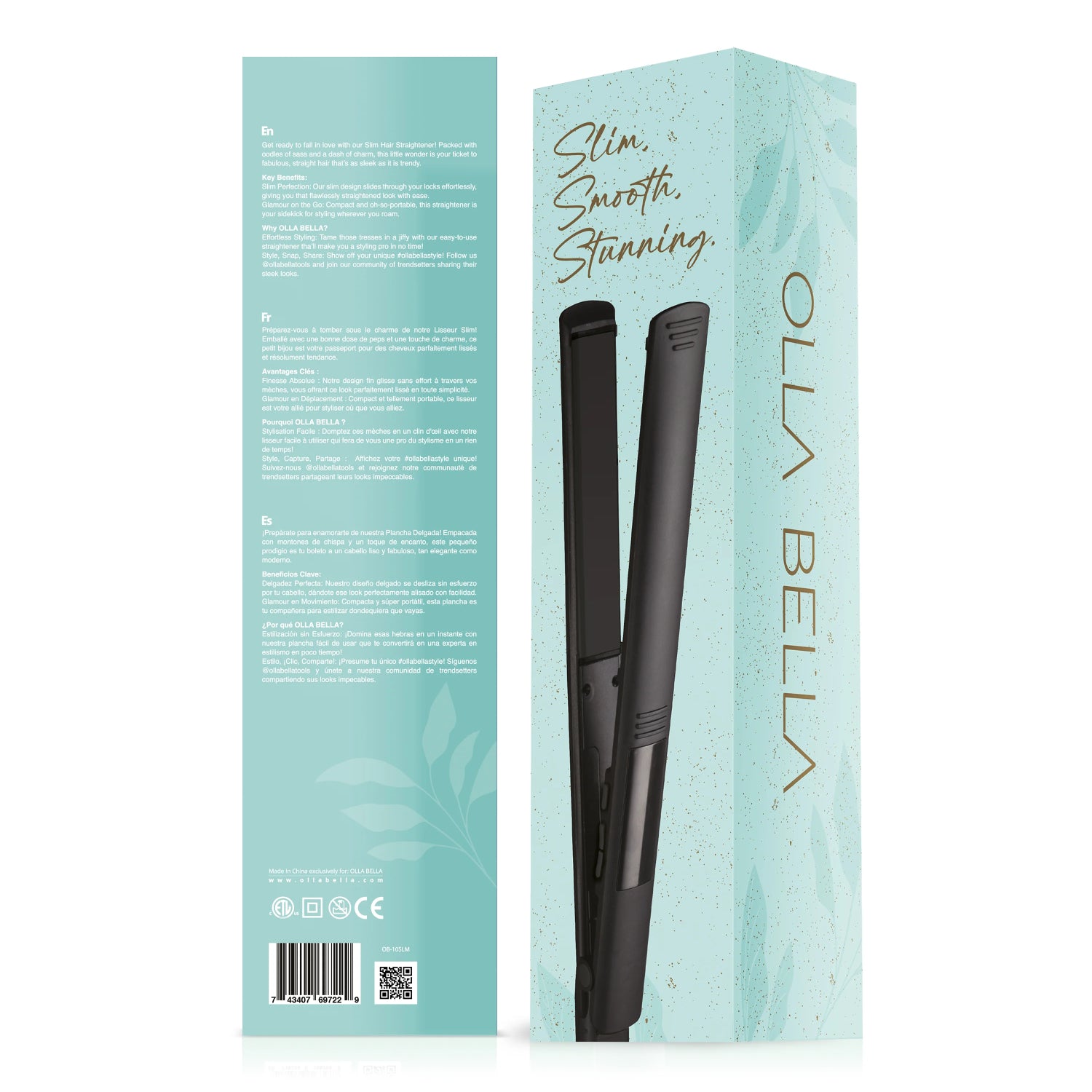 Front and back views of the Olla Bella 1" Hair Straightener box in a light aqua color, featuring the straightener pictured on the front. Slim, Smooth, Stunning.