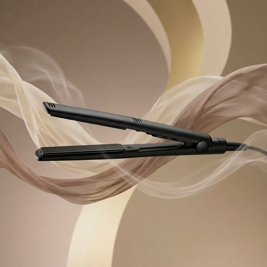 A black Olla Bella 1" Hair Straightener is shown floating against a warm beige background with flowing translucent fabric and soft light effects.