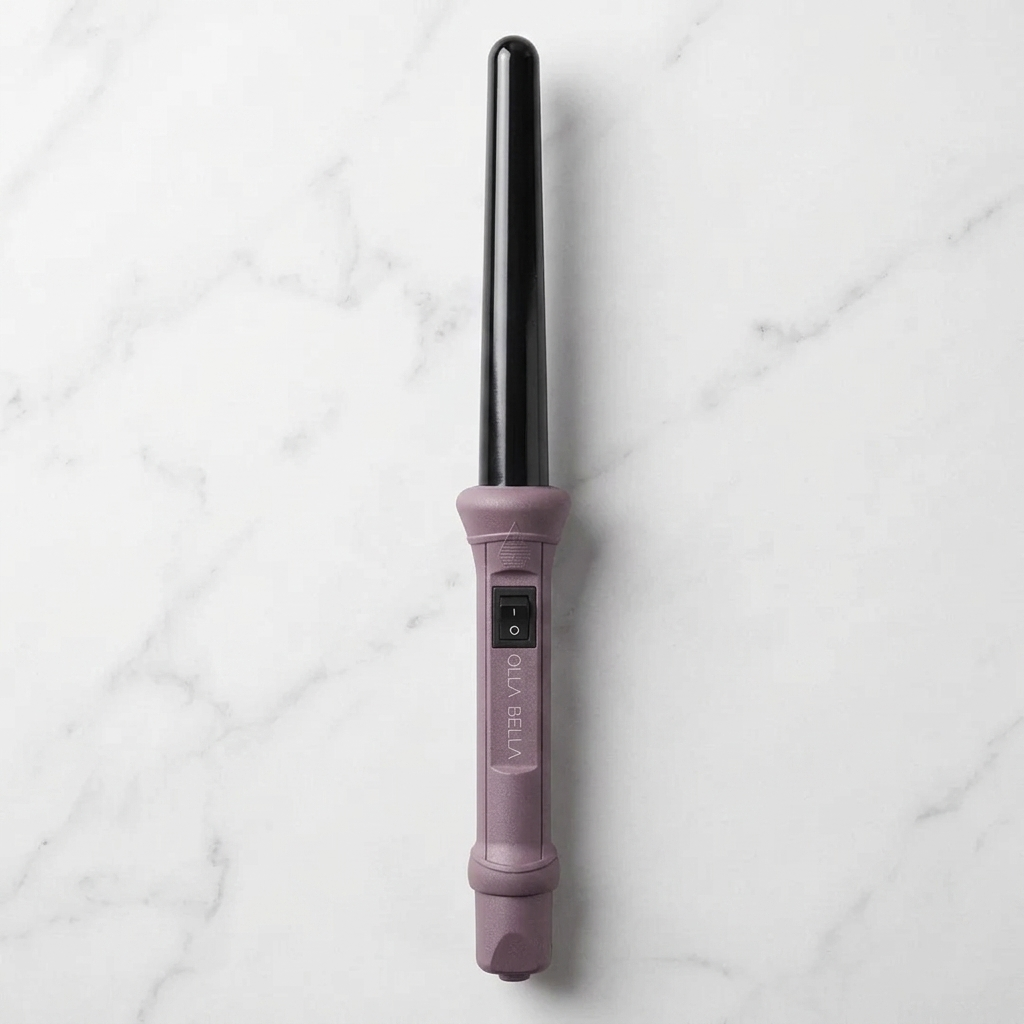 Olla Bella 1" Ceramic Curling Wand in Plum Metallic on marble countertop