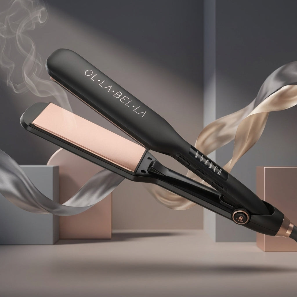 An Olla Bella 2" Wide Plate Hair Straightener with rose gold ceramic heating plates, shown open with decorative smoke and draped satin ribbons in a studio setting.