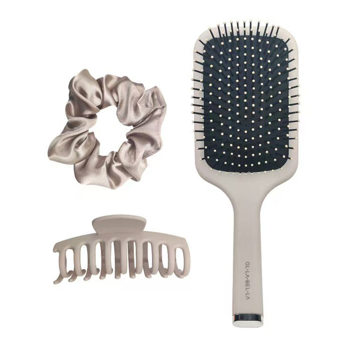 Olla Bella Everyday Glam Hair Accessory Kit featuring Paddle Brush, Satin Scrunchie and Claw Clip