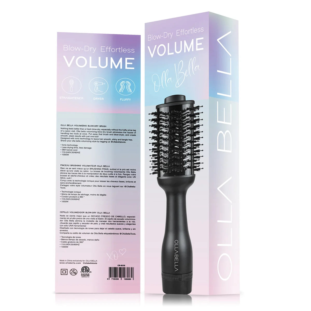 The Olla Bella Volumizing Blowout Brush in its original packaging displayed on a plain white background with a light reflection.