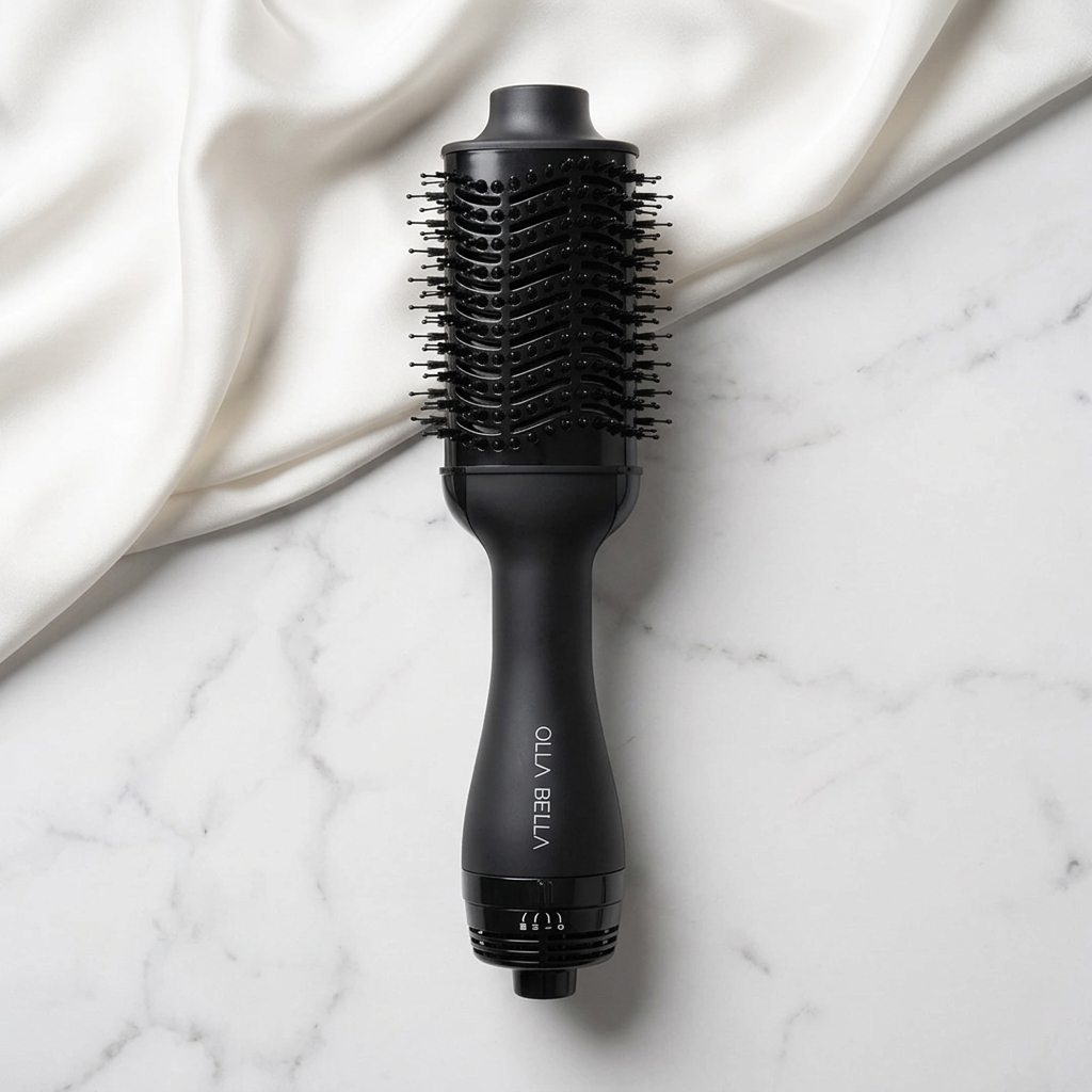 The Olla Bella Volumizing Blowout Brush photographed on a white marble surface with draped white satin fabric in the background. The brand name "OLLA BELLA" is printed on the handle.