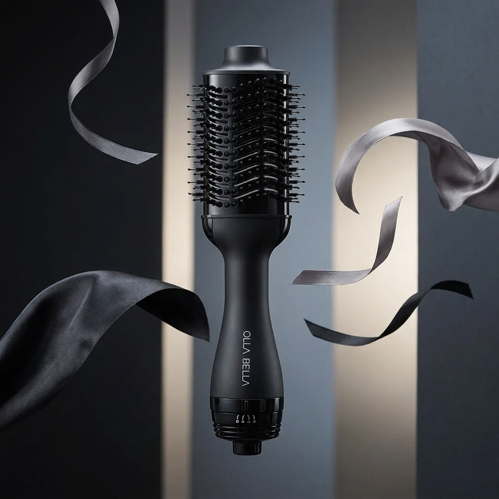 The Olla Bella Volumizing Blowout Brush shown floating against a dark studio background with vertical light bands and flowing black ribbon props. The handle is printed with the visible brand name 'OLLA BELLA'.