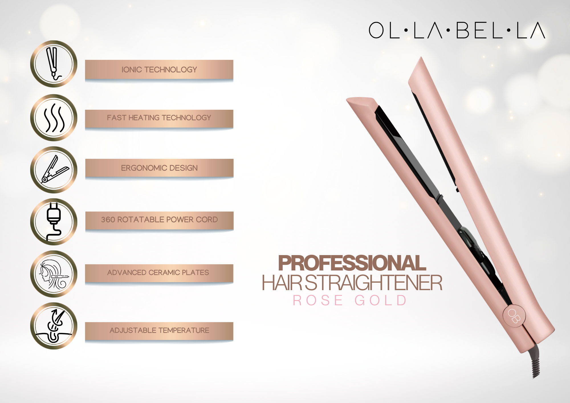 Professional Hair Straightener Rose Gold Ceramic Collection
