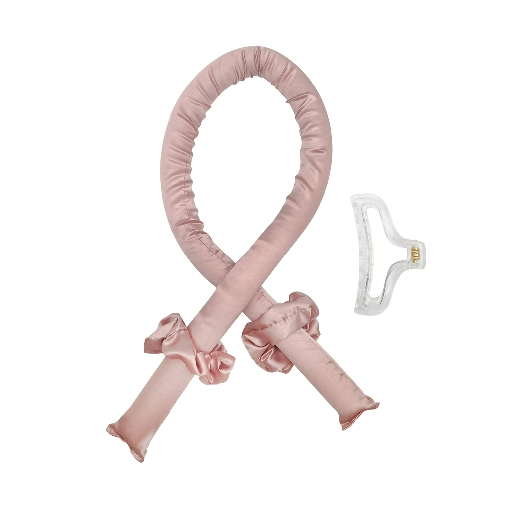 The Olla Bella Heatless Curling Heatband kit which includes our Satin Heatless Curling Headband, two satin scrunchies and a claw clip all displayed on a solid white background.
