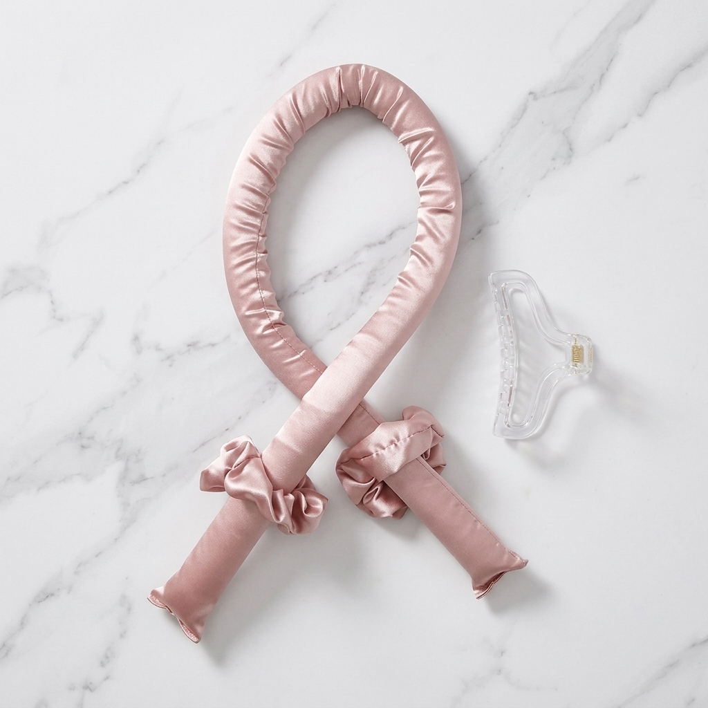 The Olla Bella Heatless Curling Heatband kit which includes our Satin Heatless Curling Headband, two satin scrunchies and a claw clip, arranged on a white marble background.