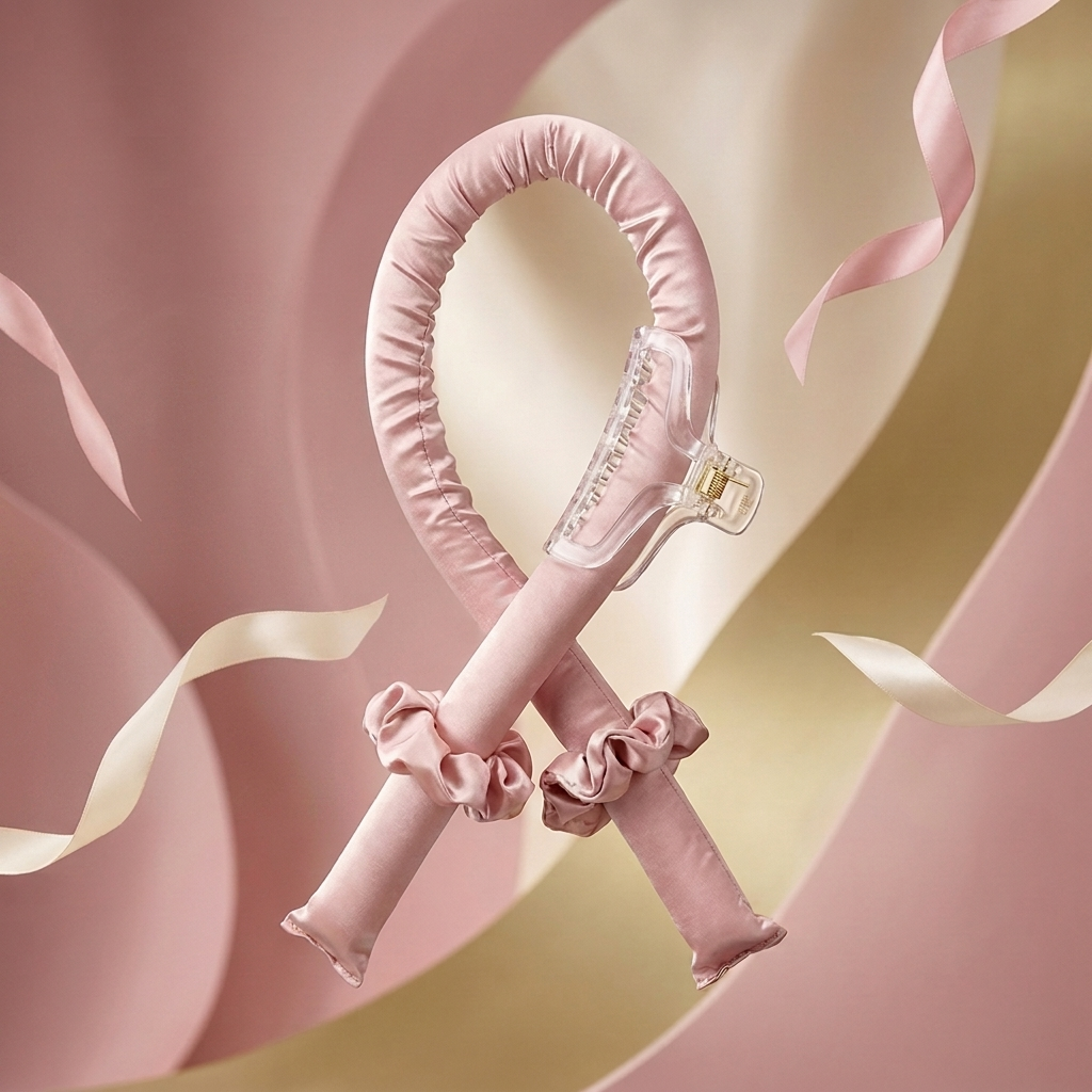 The Olla Bella Heatless Curling Heatband kit which includes our Satin Heatless Curling Headband, two satin scrunchies and a claw clip all displayed on a background of flowing pink and gold ribbons.