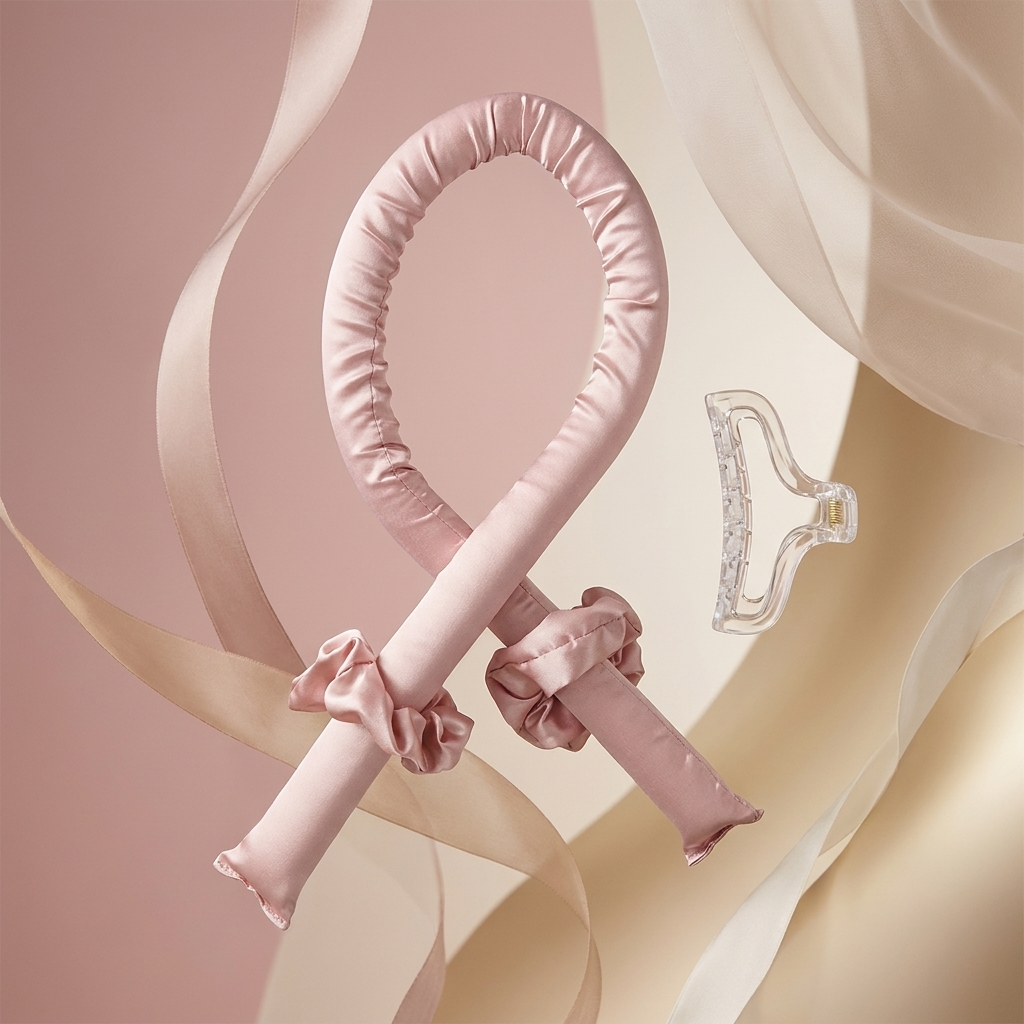 The Olla Bella Heatless Curling Heatband kit which includes our Satin Heatless Curling Headband, two satin scrunchies and a claw clip all displayed on a background of flowing satin and ribbons.
