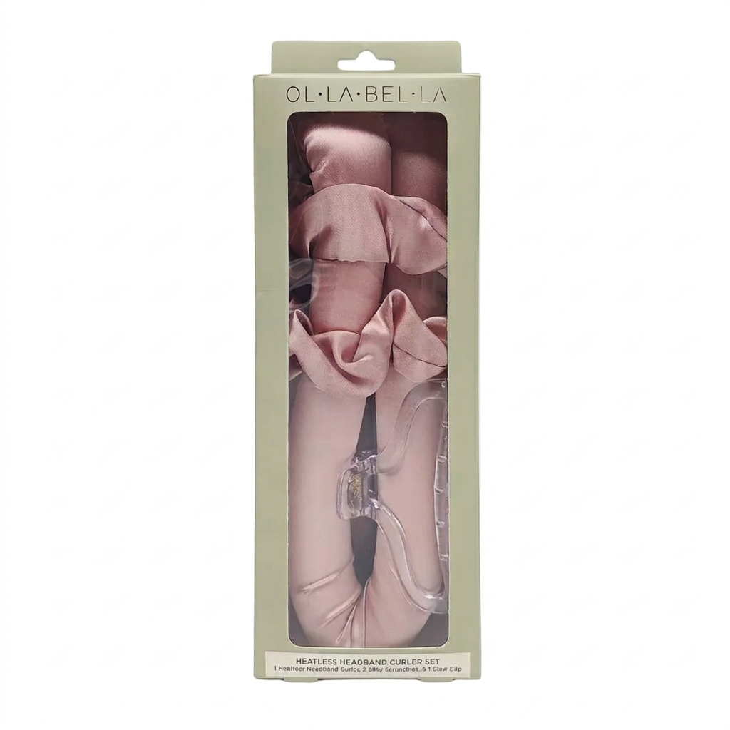 Olla Bella Heatless Curling Heatband kit in its light sage green packaging displayed on a white background