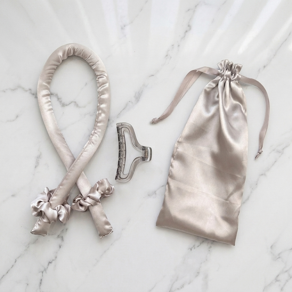 A satin hair accessory set laid out on a white marble surface, including the Olla Bella Satin Heatless Curling Headband, two satin scrunchies, a claw clip, and a satin drawstring bag.