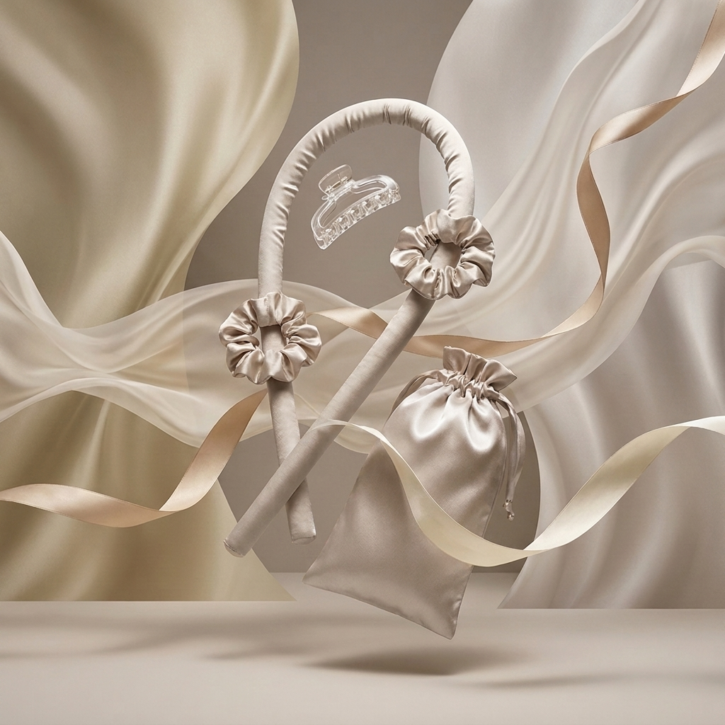 The Olla Bella Heatless Curling Headband and Satin Bag kit displayed on a background of flowing satin and ribbons ranging from cream to gold.