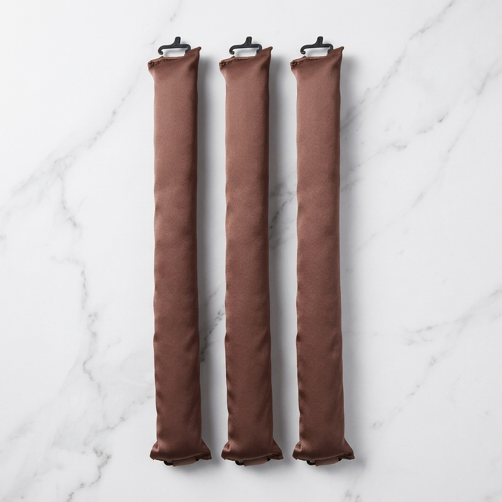 Three Olla Bella Jumbo Heatless Curler Rods arranged vertically on a white marble surface.