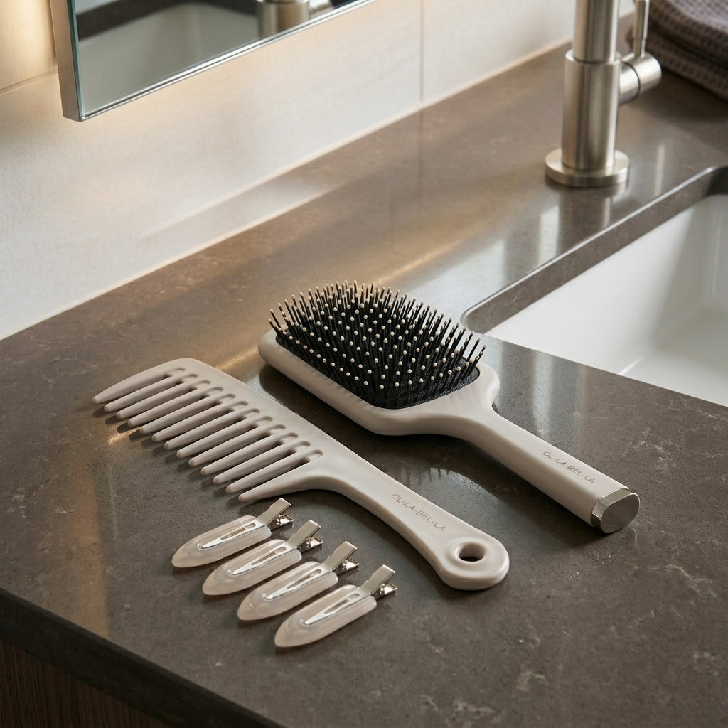 The Olla Bella Knot Today Detangling Brush Kit on a dark stone bathroom counter, including a detangle brush, a paddle brush, and four creaseless sectioning clips. The products are branded with Olla Bella on the handles.