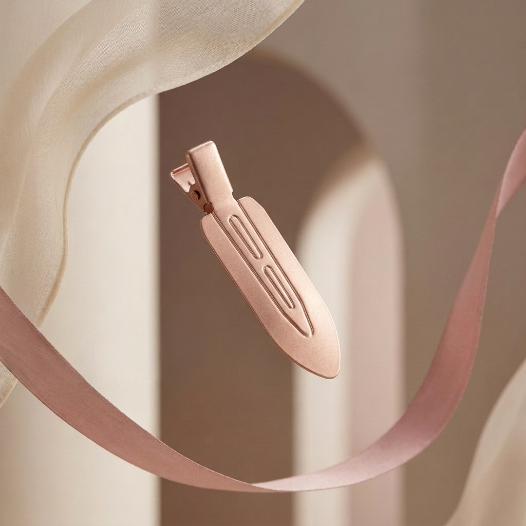 An Olla Bella No-Crease Cutie, crealess hair clip, suspended against a soft beige background with draped cream fabric and a pink ribbon.