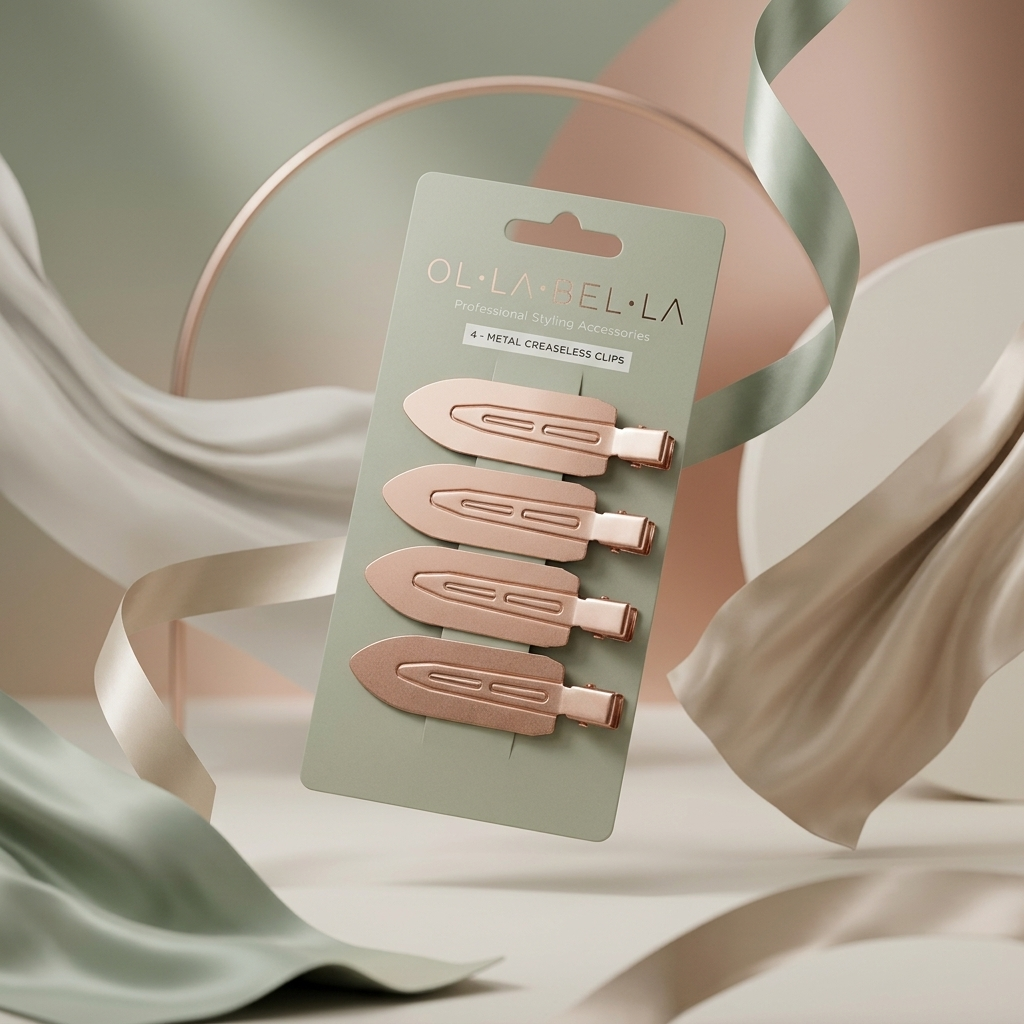 Pack of four Olla Bella No-Crease Cuties - Creaseless Hair Clips on a sage green backing card, styled with draped satin ribbons in a soft neutral setting.