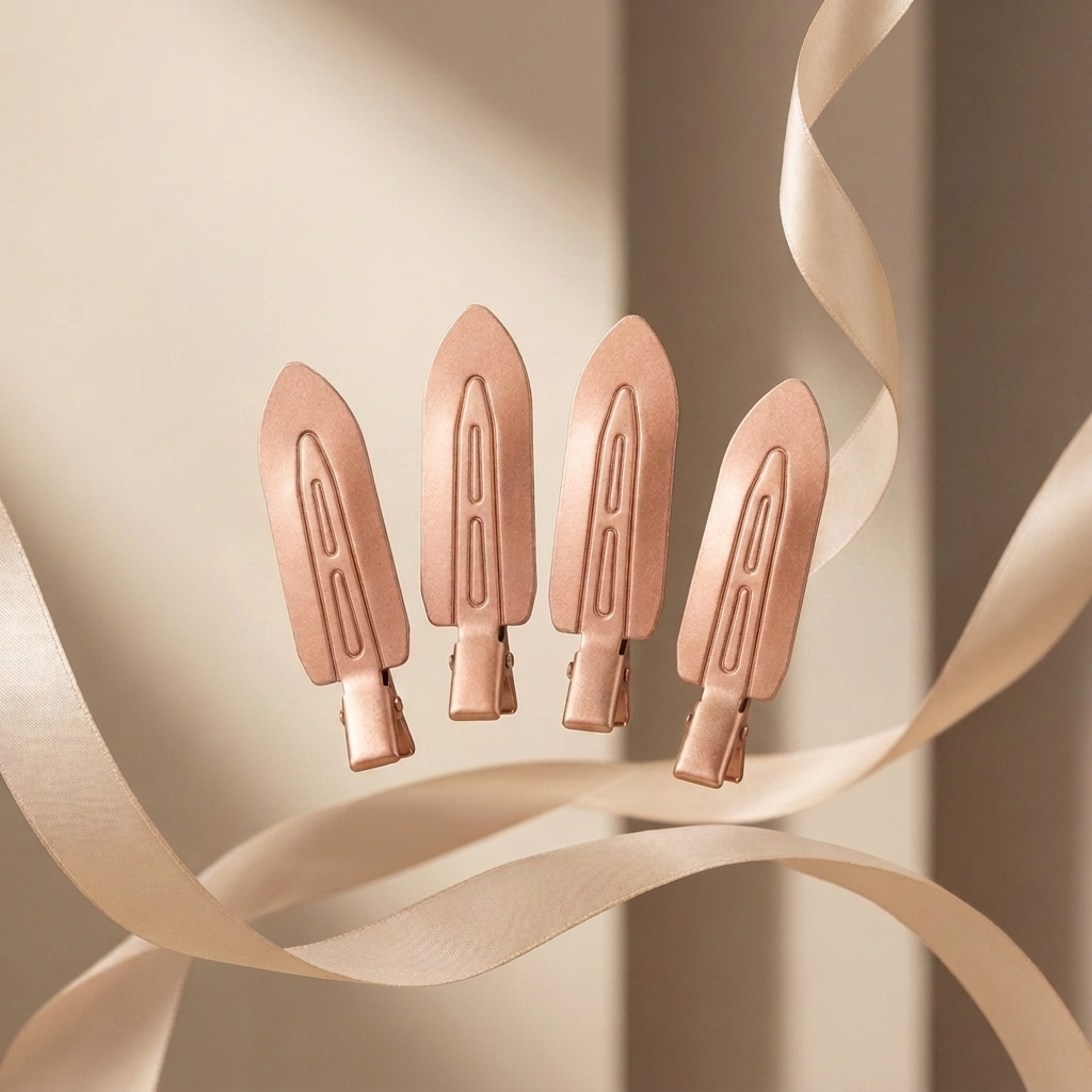Four Olla Bella No-Crease Cuties - Creaseless Hair Clips arranged on a soft beige background with flowing cream ribbon strands.