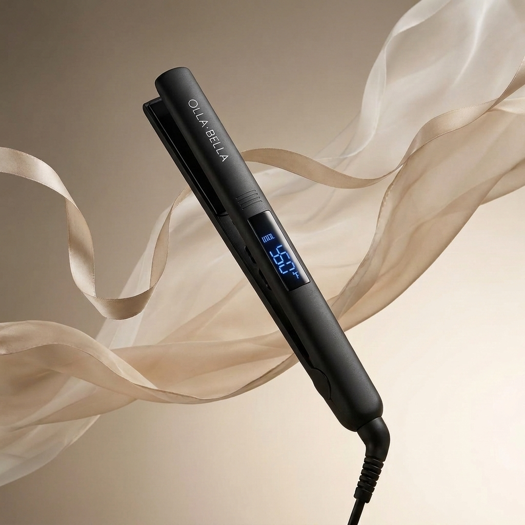 A black digital Olla Bella 1" Hair Straightener with a blue LED temperature display, shown diagonally against a warm beige background with flowing sheer cream fabric.