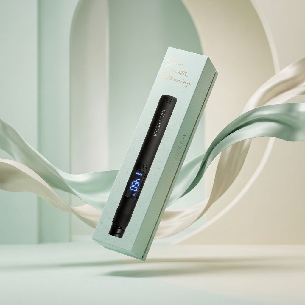 A sleek black Olla Bella 1" Hair Straightener with a blue LED display, presented diagonally inside its box with flowing white and green silk ribbons against a soft, minimalist beige and green background.