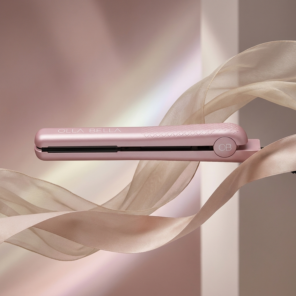 A Blush Metallic Pink Olla Bella 1.25" Ceramic Hair Straightener shown horizontally with elegant beige silk ribbons draped around it against a soft pink background.