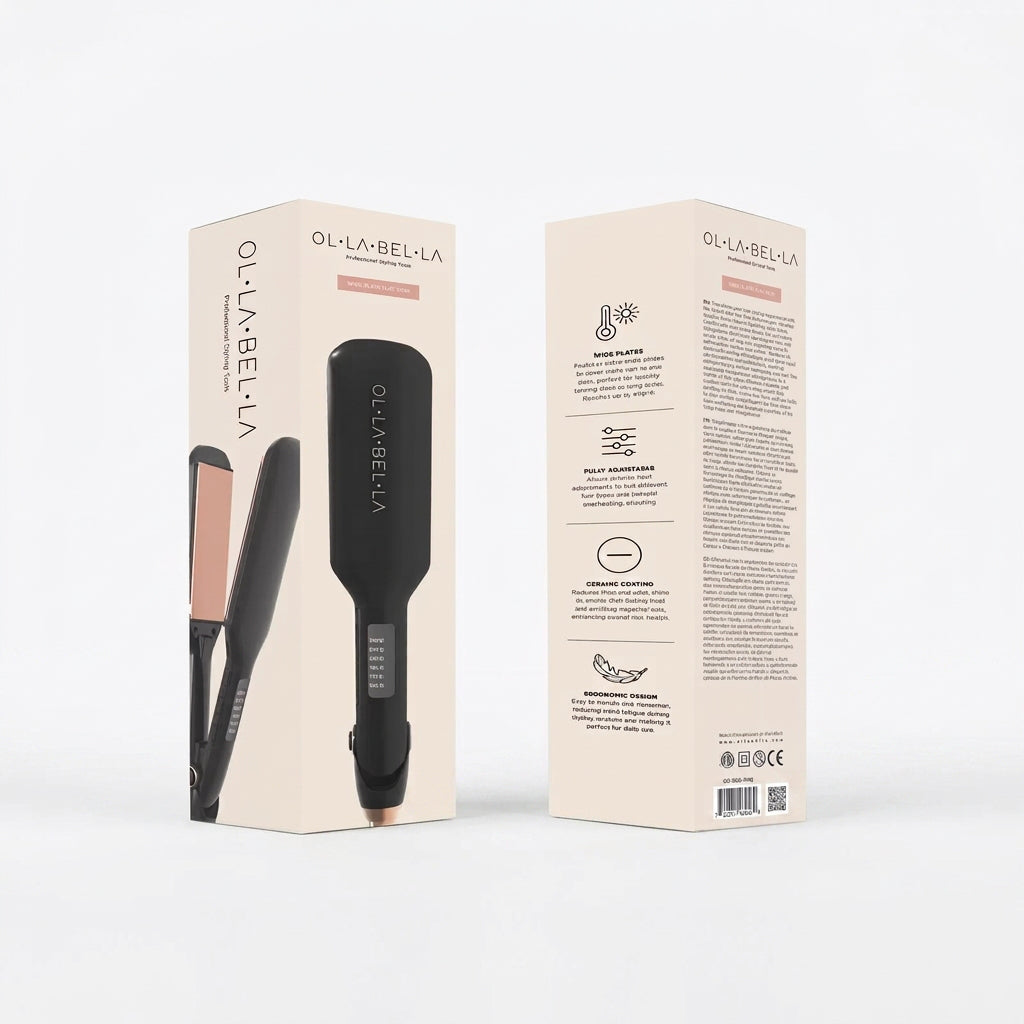 Two Olla Bella 2" Wide Plate Hair Straightener boxes shown on a clean white background, with one box displaying the front featuring a black and gold ceramic flat iron and the other showing the back with product details.