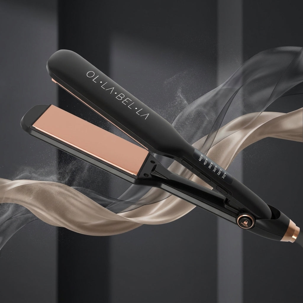 An Olla Bella 2" Wide Plate Hair Straightener shown at an angle with a beige satin ribbon flowing behind it against a dark gray background. The brand name Olla Bella is printed on the handle.