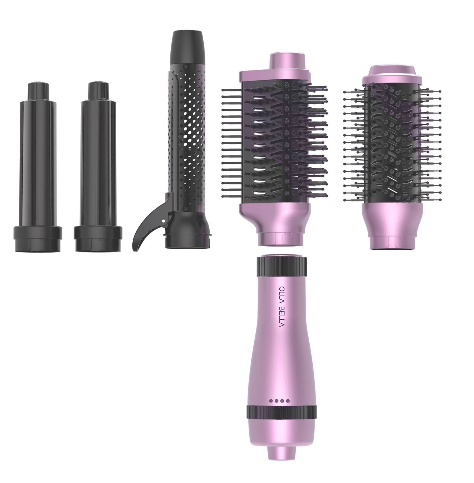 An image showcasing the Olla Bella 5-in-1 Styling System with various attachments. The tool is designed for hair styling with different brushes and a curling iron.