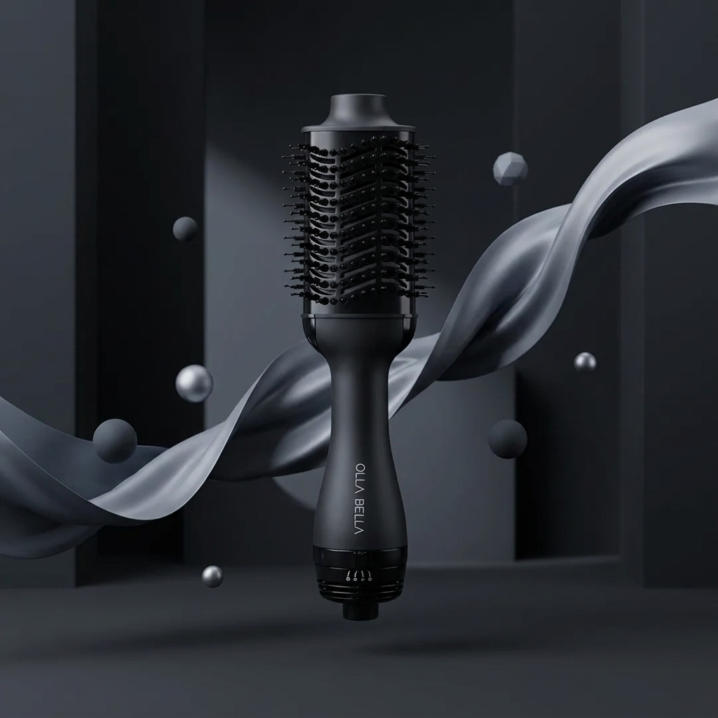 The Olla Bella Volumizing Blowout Brush centered against a dark gray background with abstract flowing metallic ribbon shapes and floating spheres. The handle shows the brand name 'OLLA BELLA'.